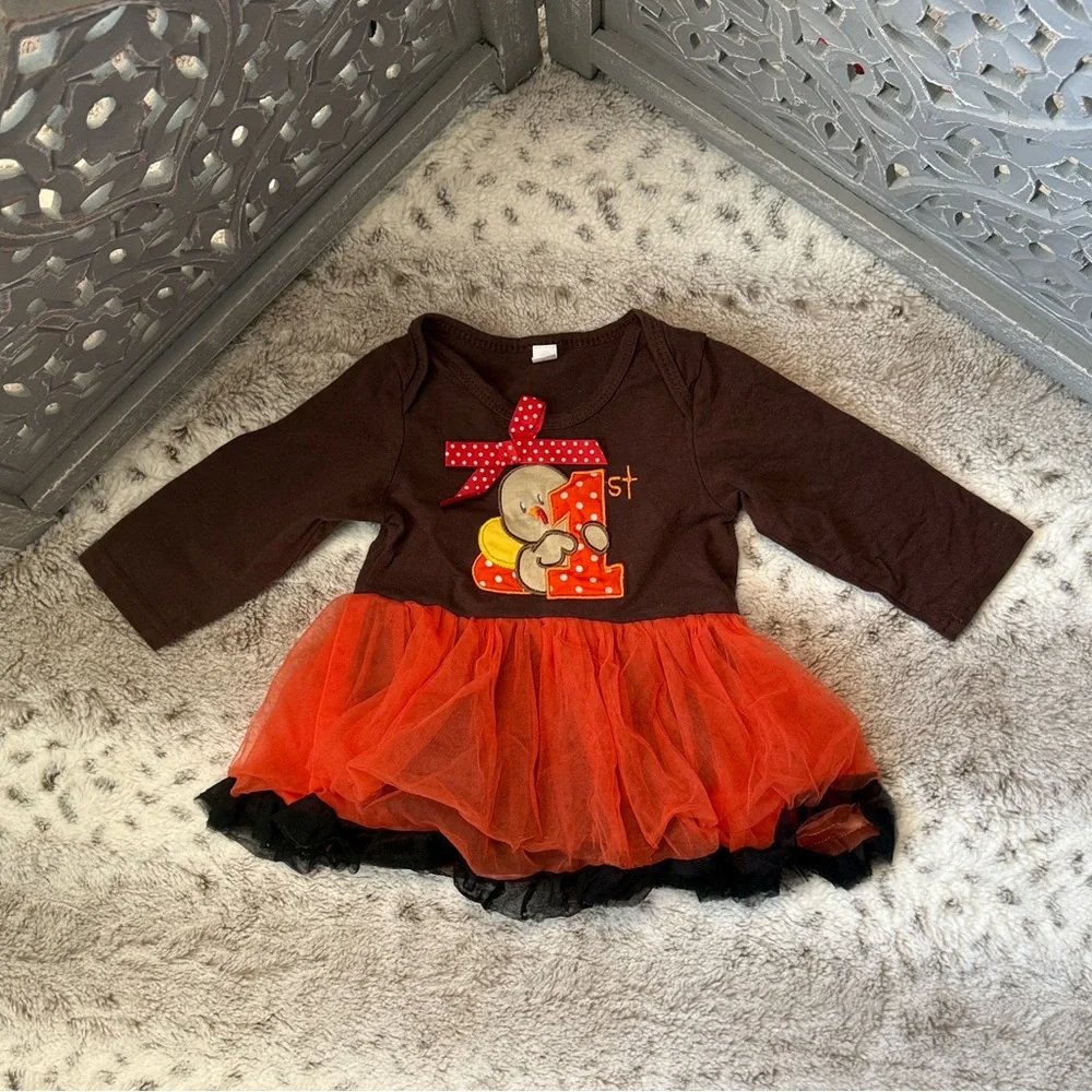 Thanksgiving turkey baby dress girls 24 months brown orange tulle skirt holiday
